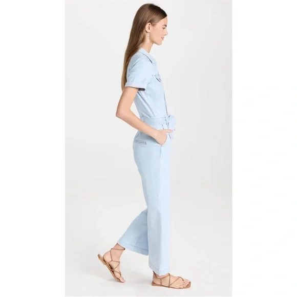 PAIGE ANESSA Short Sleeve Denim JUMPSUIT withBELT in “Kokomo” light wash